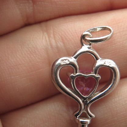 925 Sterling Silver Vintage Lab-Created Pink Sapphire Heart Key Pendant