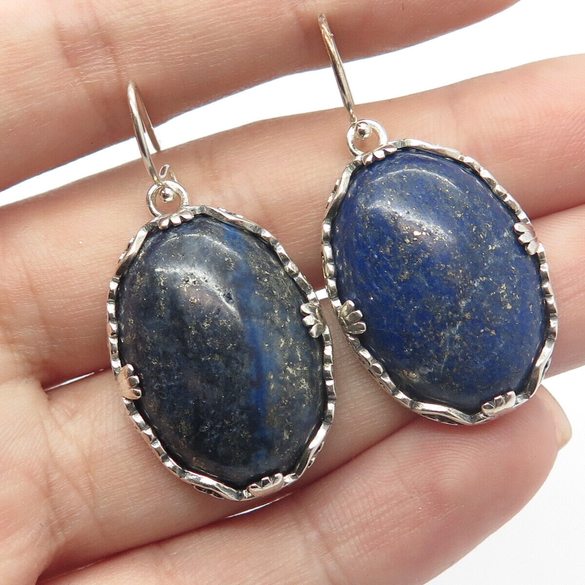 925 Sterling Silver Vintage Beria Real Lapis Lazuli Gem Ornate Dangling Earrings