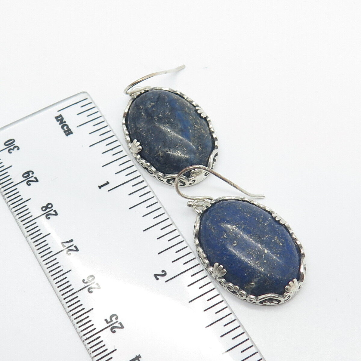 925 Sterling Silver Vintage Beria Real Lapis Lazuli Gem Ornate Dangling Earrings