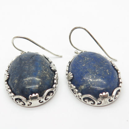 925 Sterling Silver Vintage Beria Real Lapis Lazuli Gem Ornate Dangling Earrings