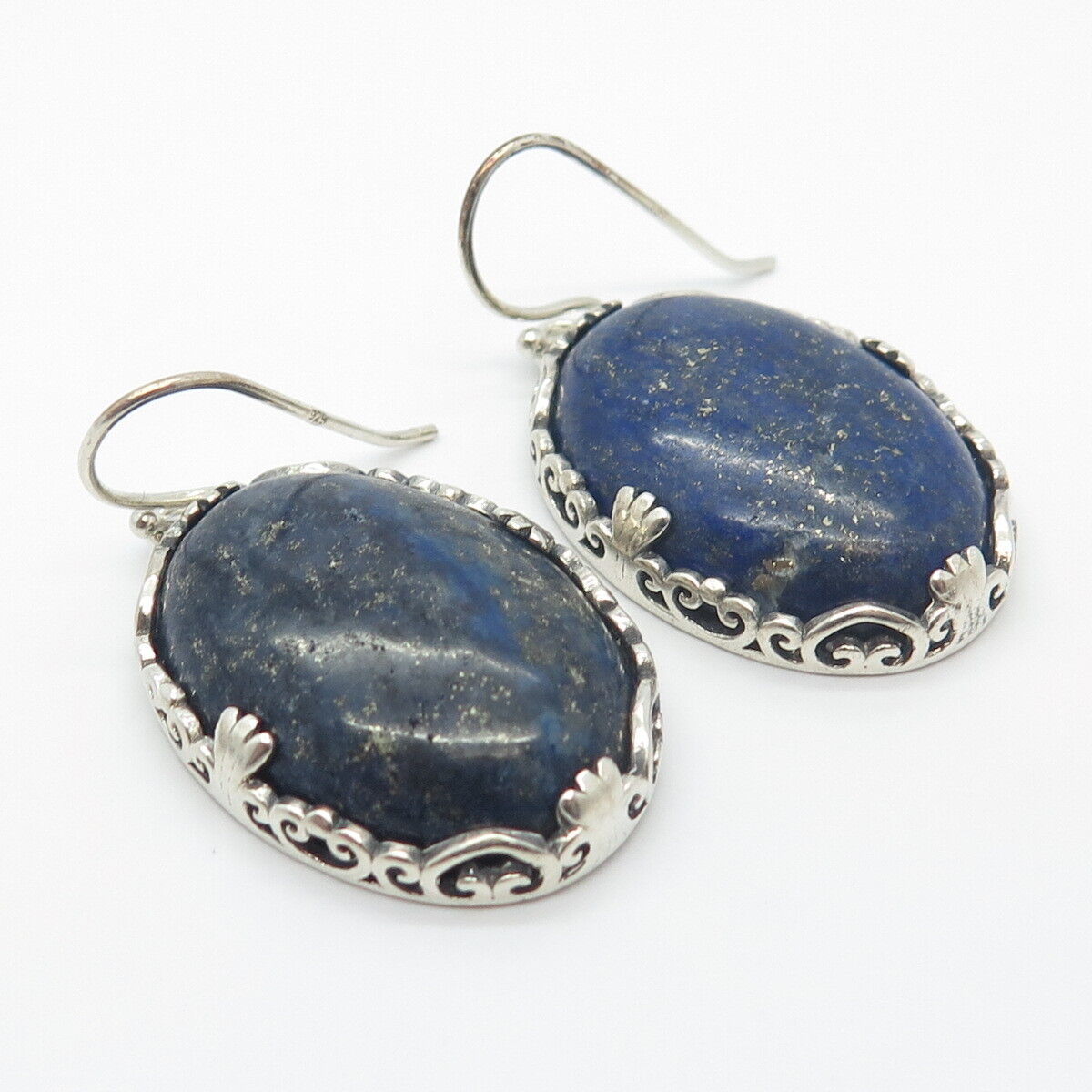 925 Sterling Silver Vintage Beria Real Lapis Lazuli Gem Ornate Dangling Earrings