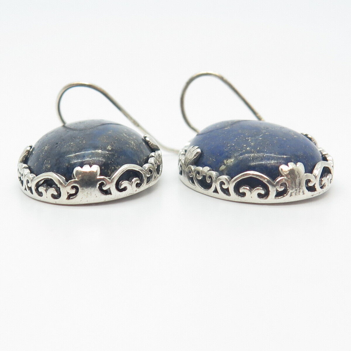 925 Sterling Silver Vintage Beria Real Lapis Lazuli Gem Ornate Dangling Earrings