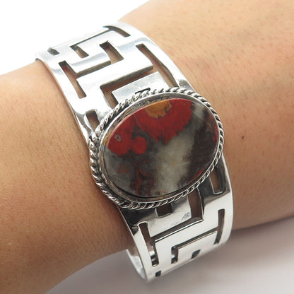 925 Sterling Silver Vintage Agate Gem Greek Maze Adjustable Cuff Bracelet 7.5"