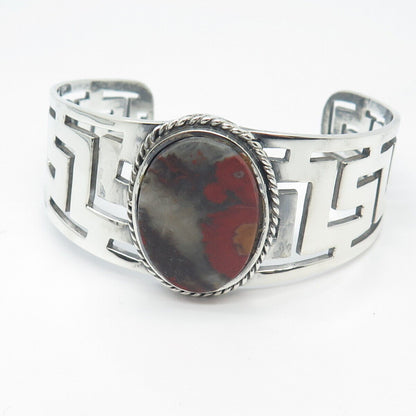 925 Sterling Silver Vintage Agate Gem Greek Maze Adjustable Cuff Bracelet 7.5"