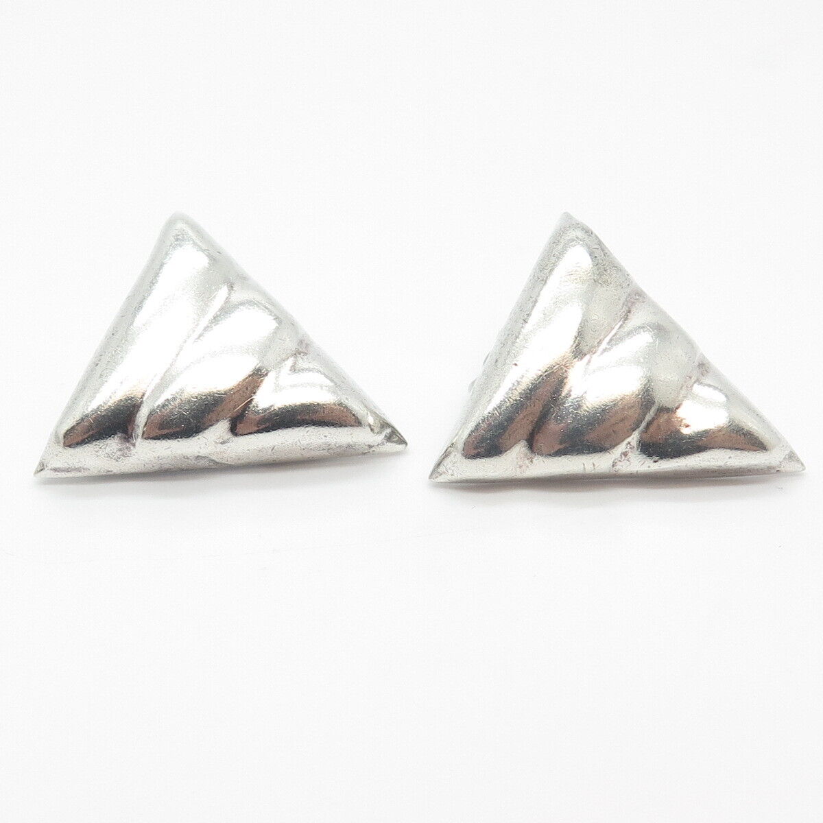 925 Sterling Silver Vintage Mexico Ribbed Triangle Clip On Earrings