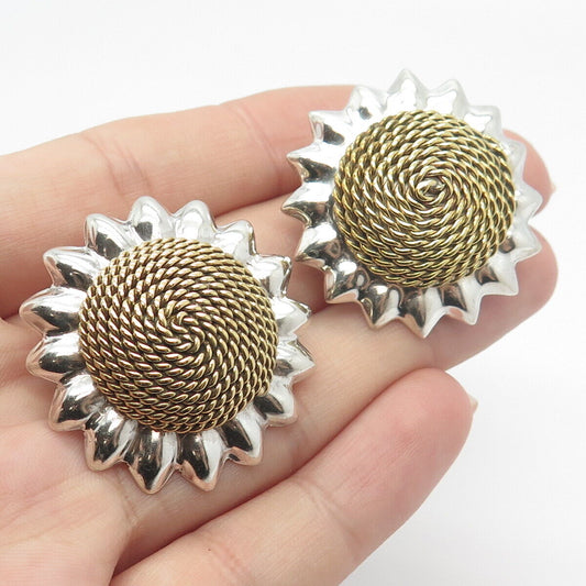 925 Sterling Silver 2-Tone Vintage Sunflower Clip On Earrings