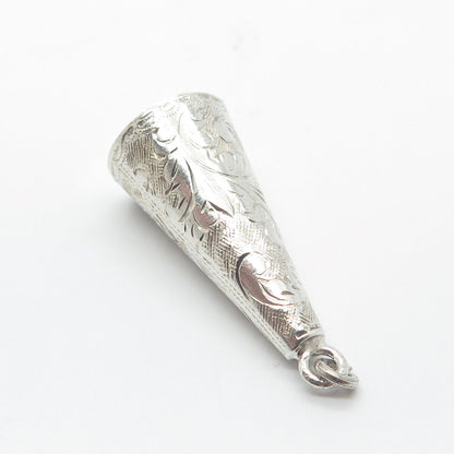 925 Sterling Silver Vintage Siam Etched Floral Cone Pendant