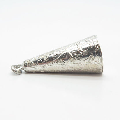 925 Sterling Silver Vintage Siam Etched Floral Cone Pendant