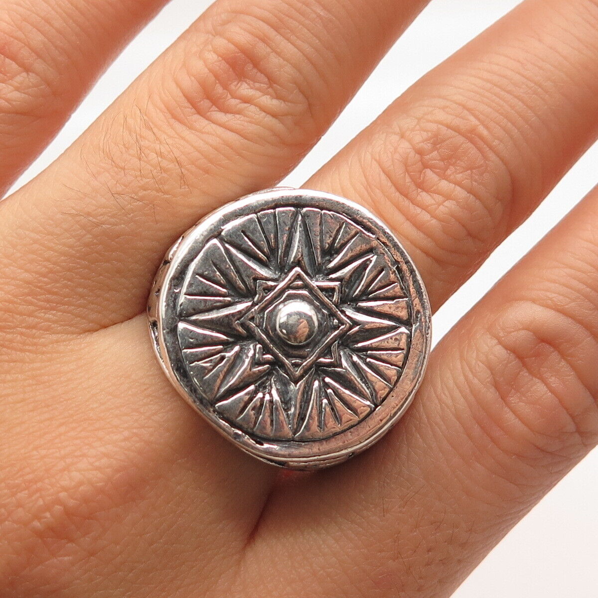 925 Sterling Silver Vintage Star Round Signet Ring Size 13