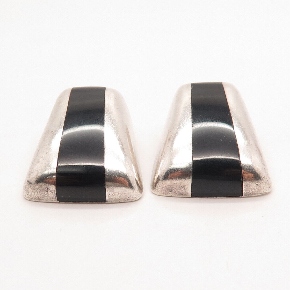 925 Sterling Silver Vintage Mexico Real Black Onyx Gemstone Clip On Earrings