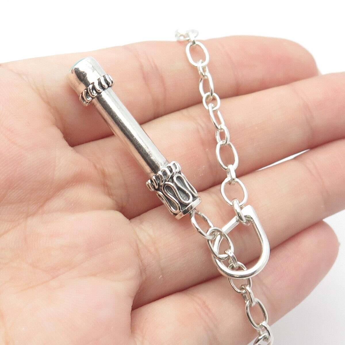 925 Sterling Silver Vintage Real Turquoise Gemstone Rolo Chain Necklace 20"