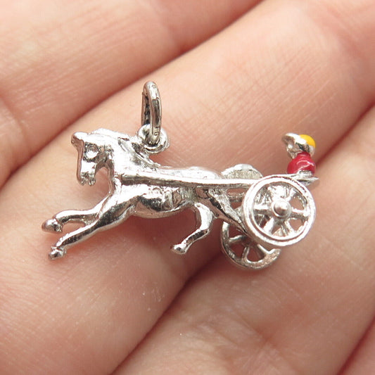 925 Sterling Silver Vintage Enamel Horse Harness Cart Movable Pendant