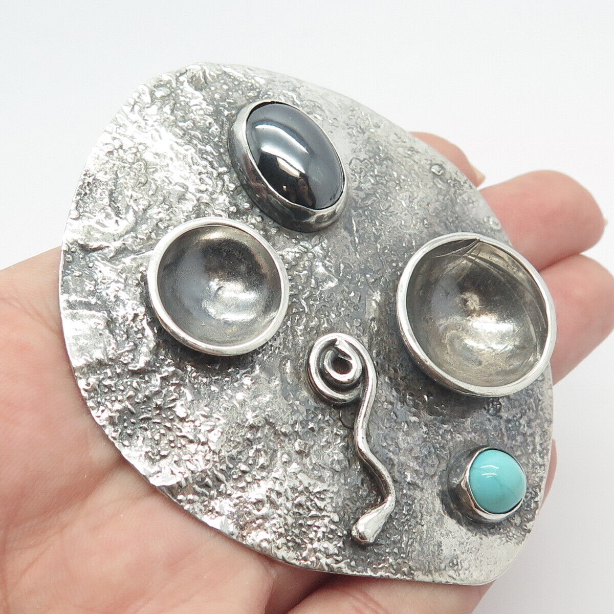 Vintage Sterling Silver Real Turquoise & Hematite Gem Modernist Pin Brooch