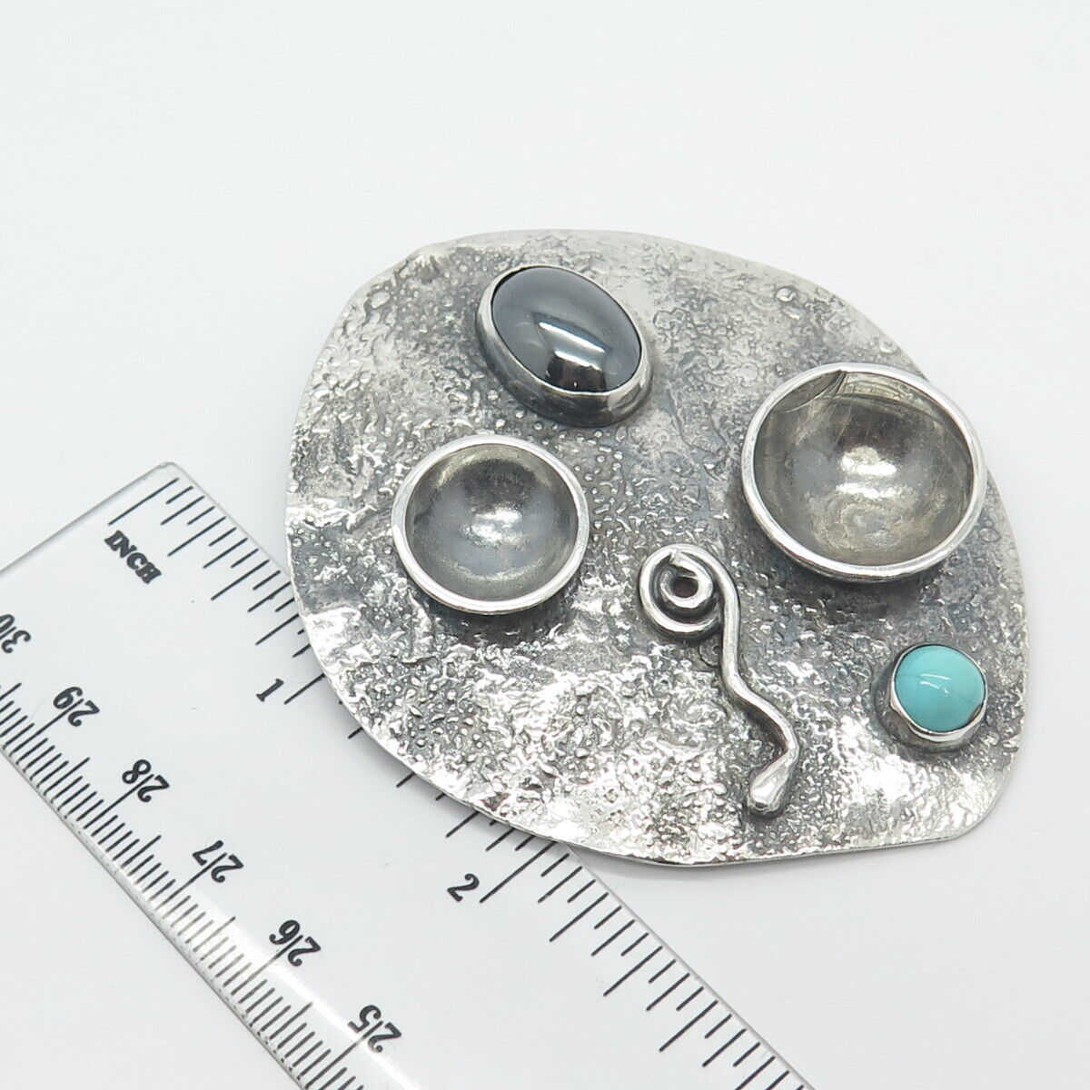 Vintage Sterling Silver Real Turquoise & Hematite Gem Modernist Pin Brooch