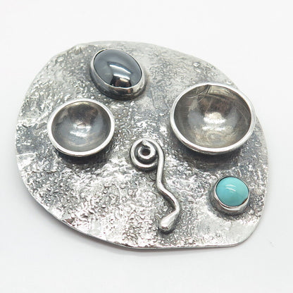 Vintage Sterling Silver Real Turquoise & Hematite Gem Modernist Pin Brooch