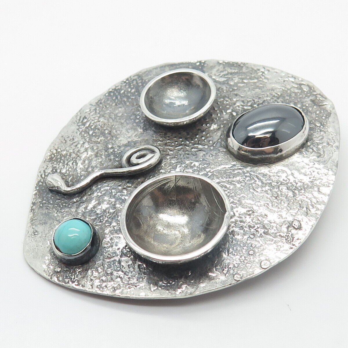 Vintage Sterling Silver Real Turquoise & Hematite Gem Modernist Pin Brooch