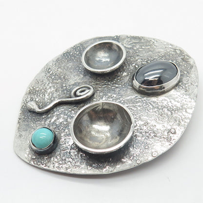 Vintage Sterling Silver Real Turquoise & Hematite Gem Modernist Pin Brooch