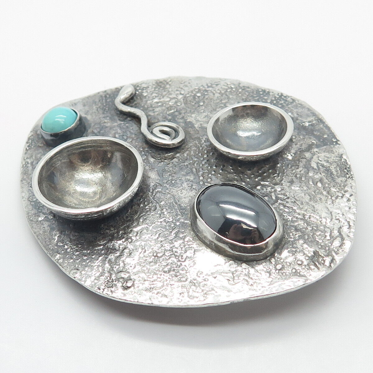 Vintage Sterling Silver Real Turquoise & Hematite Gem Modernist Pin Brooch