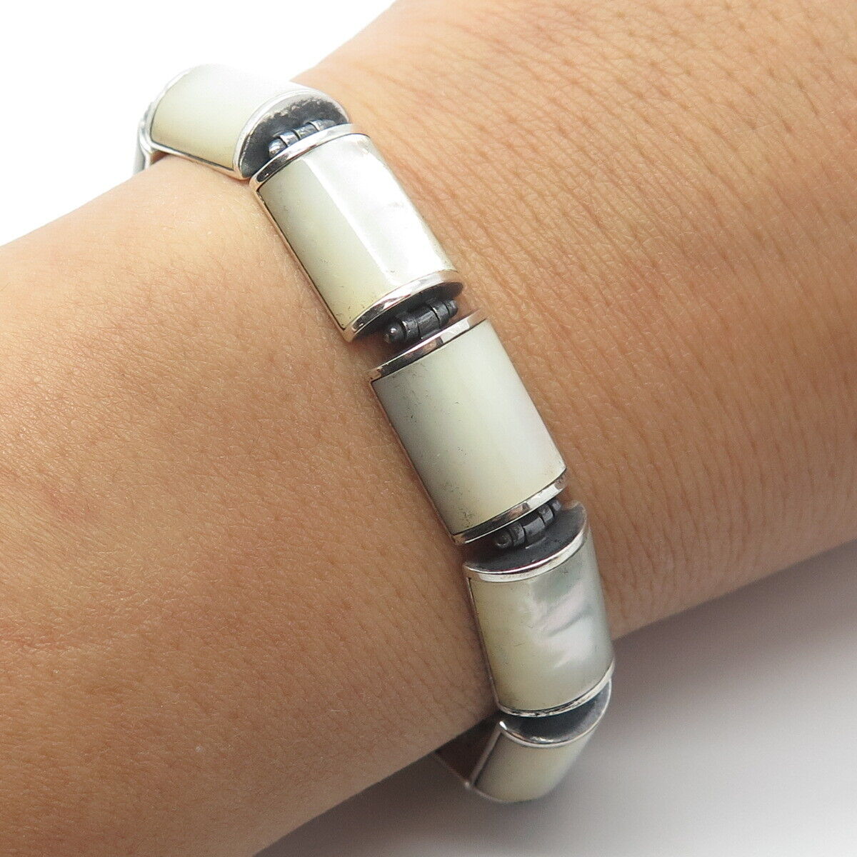 925 Sterling Silver Vintage Real Mother-of-Pearl Barrel Link Bracelet 7"