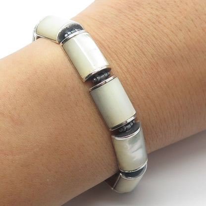 925 Sterling Silver Vintage Real Mother-of-Pearl Barrel Link Bracelet 7"