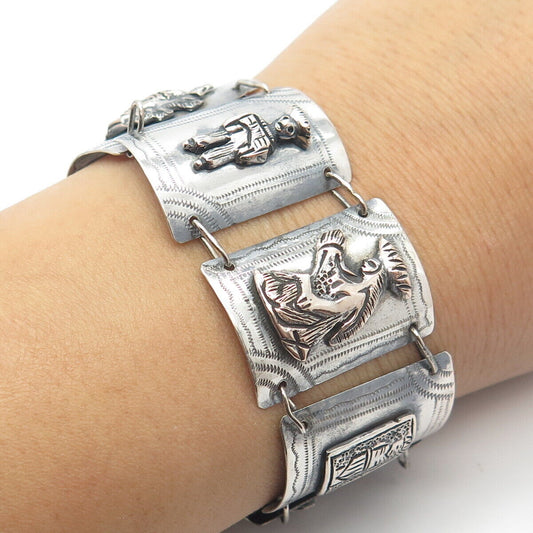 900 Silver Vintage Tribal Panel Link Bracelet 6.5"