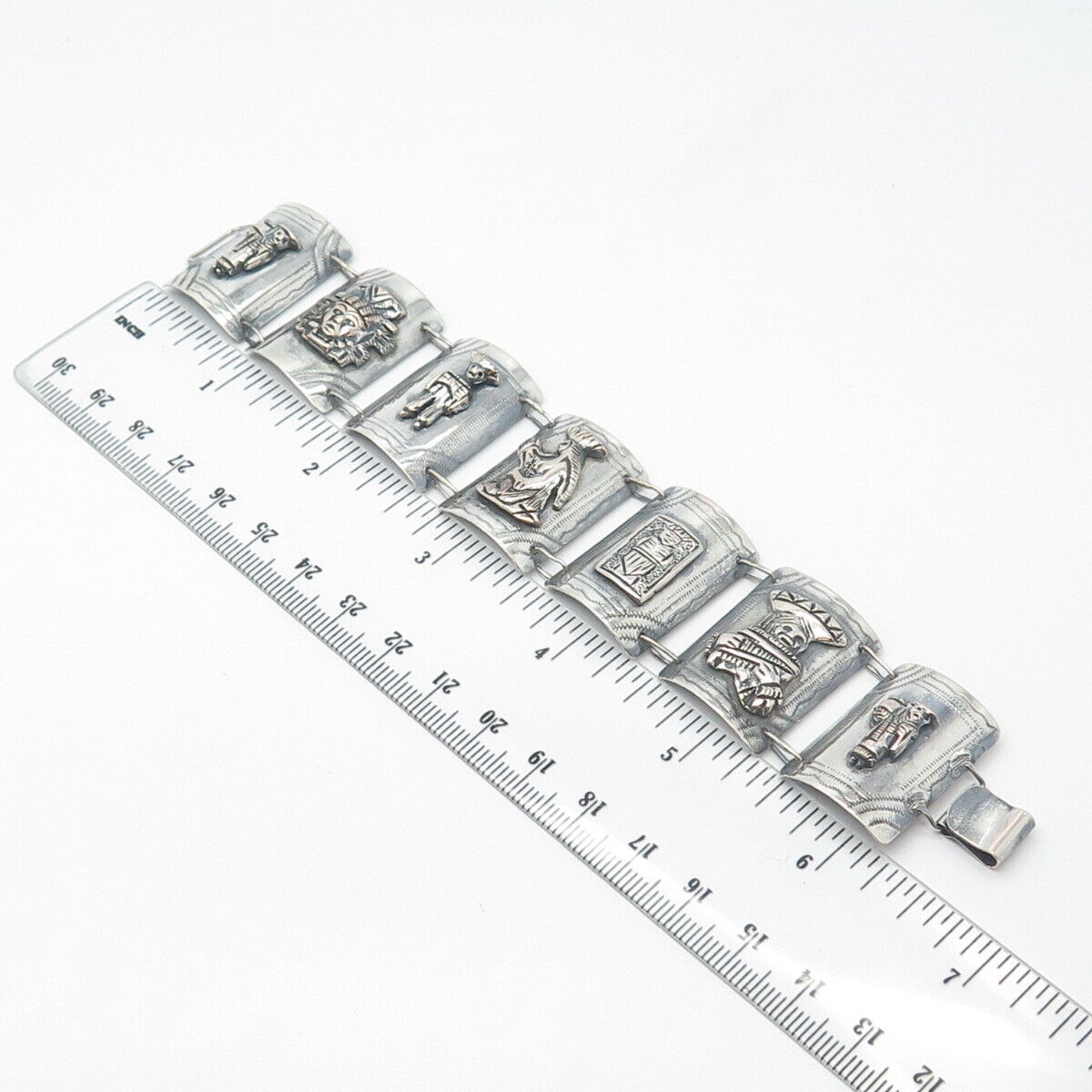 900 Silver Vintage Tribal Panel Link Bracelet 6.5"