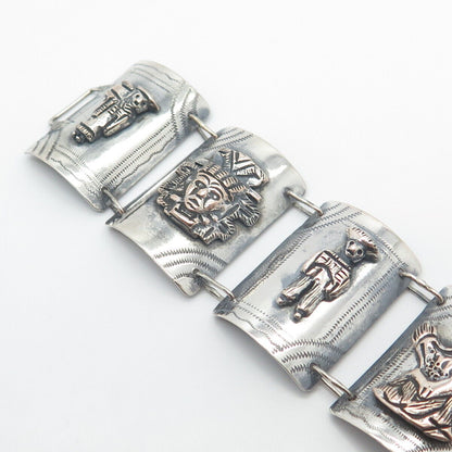 900 Silver Vintage Tribal Panel Link Bracelet 6.5"