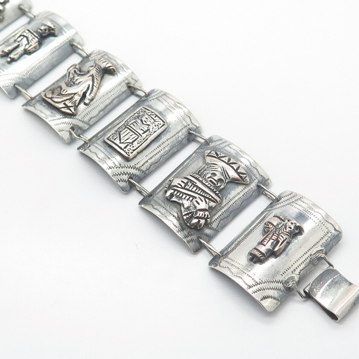 900 Silver Vintage Tribal Panel Link Bracelet 6.5"