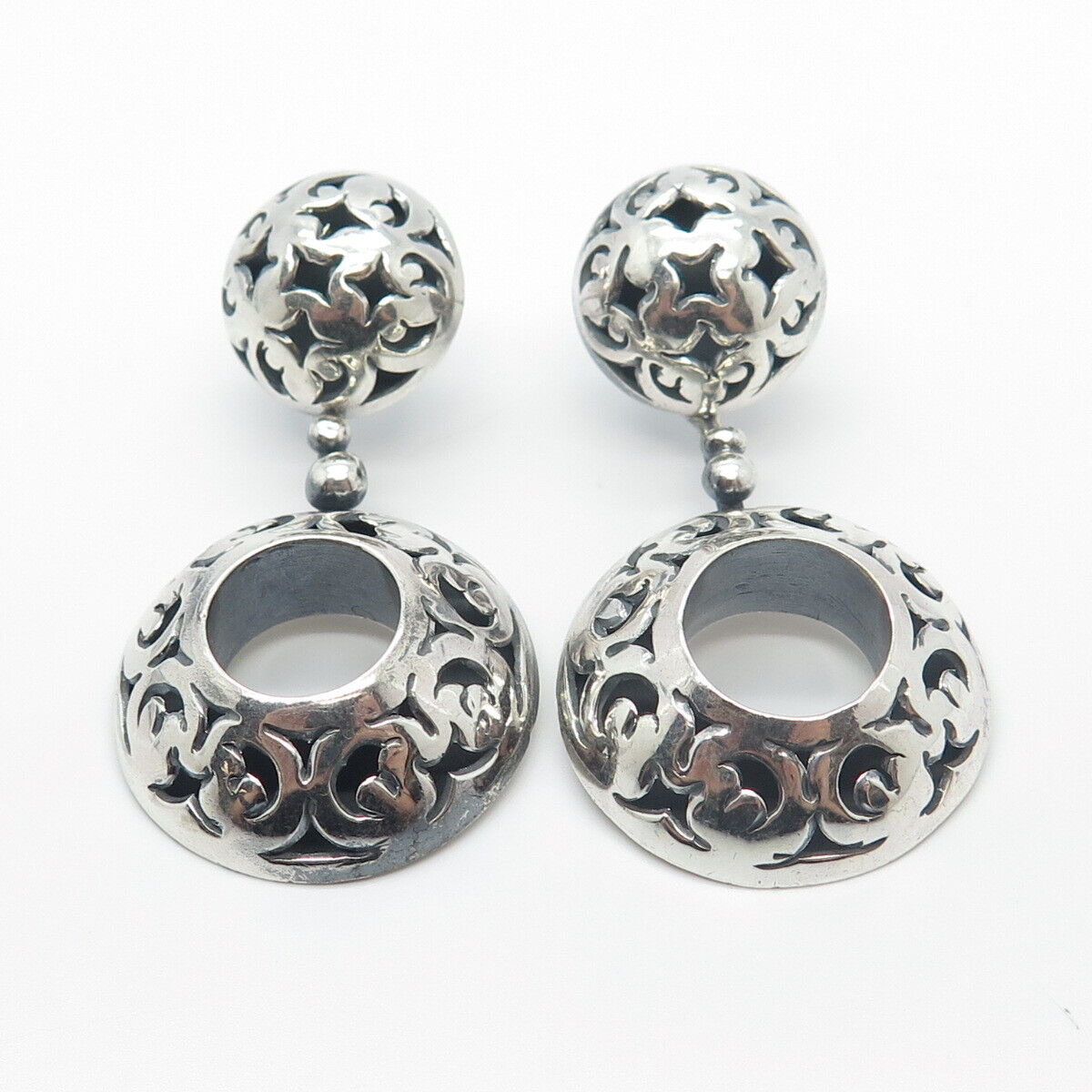 925 Sterling Silver Vintage Cutout Ornate Round Dangling Earrings