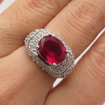 925 Sterling Silver Lab-Created Ruby Gem & C Z Ring Size 6