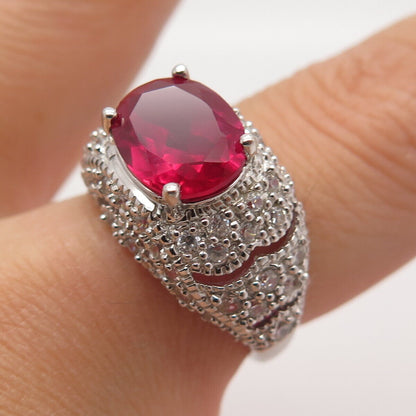 925 Sterling Silver Lab-Created Ruby Gem & C Z Ring Size 6