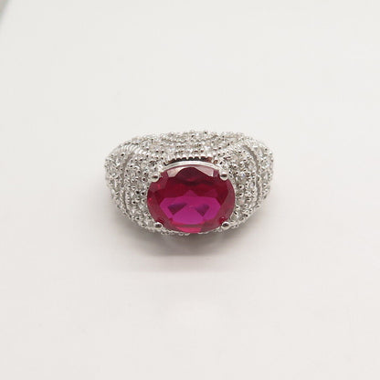 925 Sterling Silver Lab-Created Ruby Gem & C Z Ring Size 6