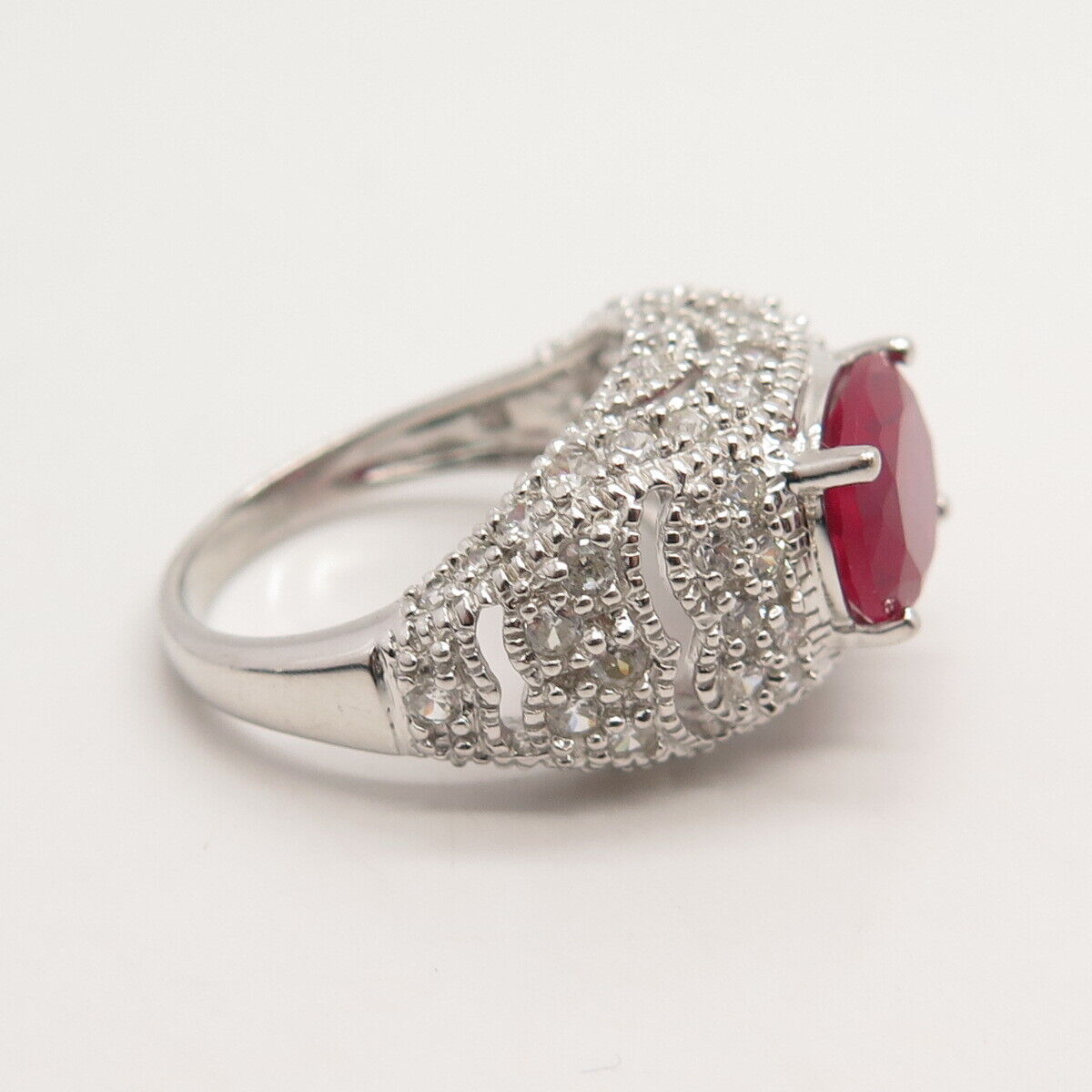 925 Sterling Silver Lab-Created Ruby Gem & C Z Ring Size 6