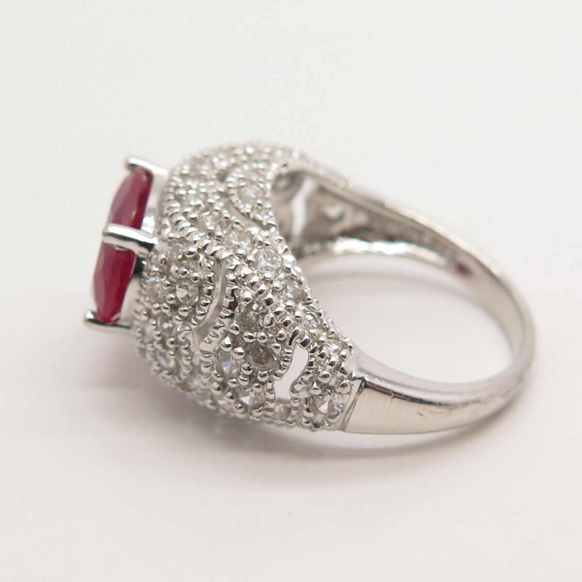 925 Sterling Silver Lab-Created Ruby Gem & C Z Ring Size 6