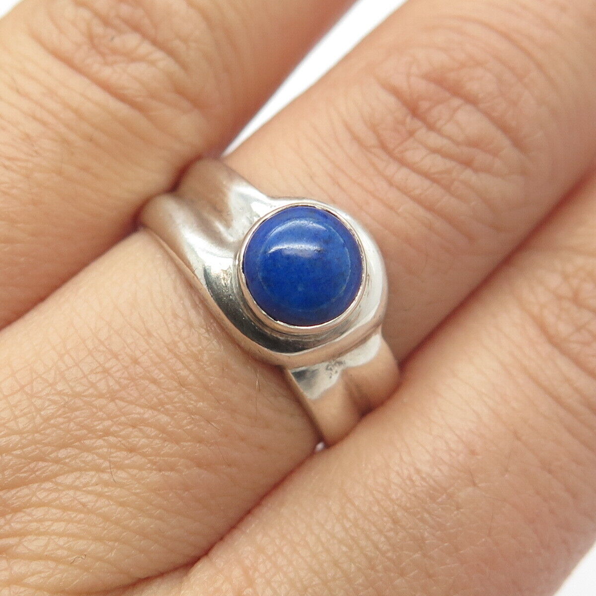 925 Sterling Silver Vintage Real Lapis Lazuli Gem Round Ring Size 8.25