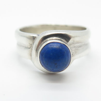 925 Sterling Silver Vintage Real Lapis Lazuli Gem Round Ring Size 8.25