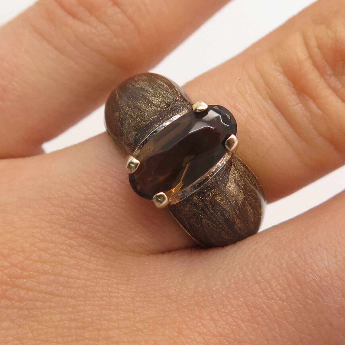 925 Sterling Silver Gold Plated Vintage Real Smoky Quartz Enamel Ring Size 7.25