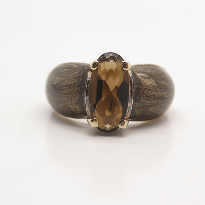 925 Sterling Silver Gold Plated Vintage Real Smoky Quartz Enamel Ring Size 7.25