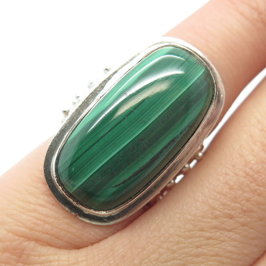 925 Sterling Silver Vintage Real Malachite Gem Beaded Statement Ring Size 4.75