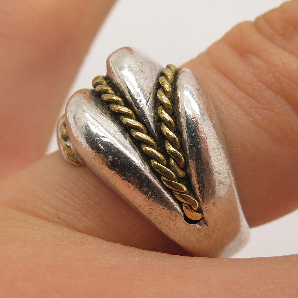 925 Sterling Silver 2-Tone Vintage Mexico Twisted Accent Ring Size 7.25