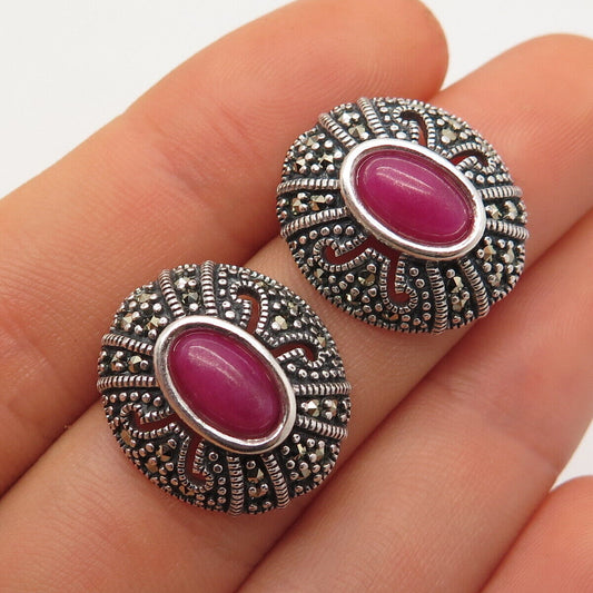 925 Sterling Silver Vintage Real Marcasite Gem & Pink Glass Oval Earrings