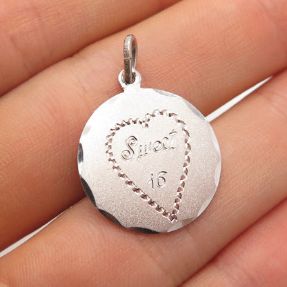 925 Sterling Silver Vintage "Sweet 16" Heart Round Charm Pendant