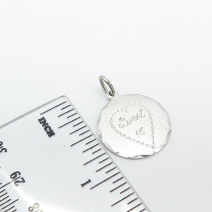 925 Sterling Silver Vintage "Sweet 16" Heart Round Charm Pendant