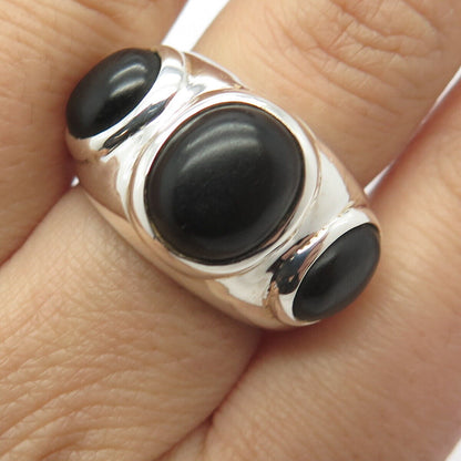 925 Sterling Silver 2-Tone Vintage Black Onyx Gem 3-Stone Wide Ring Size 6.75