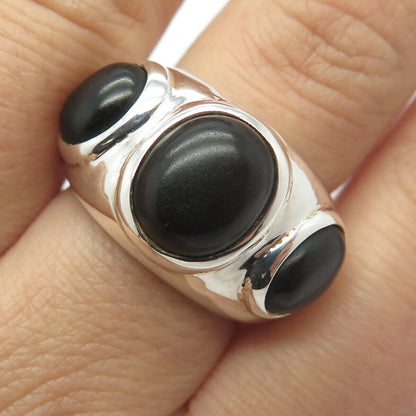 925 Sterling Silver 2-Tone Vintage Black Onyx Gem 3-Stone Wide Ring Size 6.75