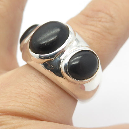 925 Sterling Silver 2-Tone Vintage Black Onyx Gem 3-Stone Wide Ring Size 6.75