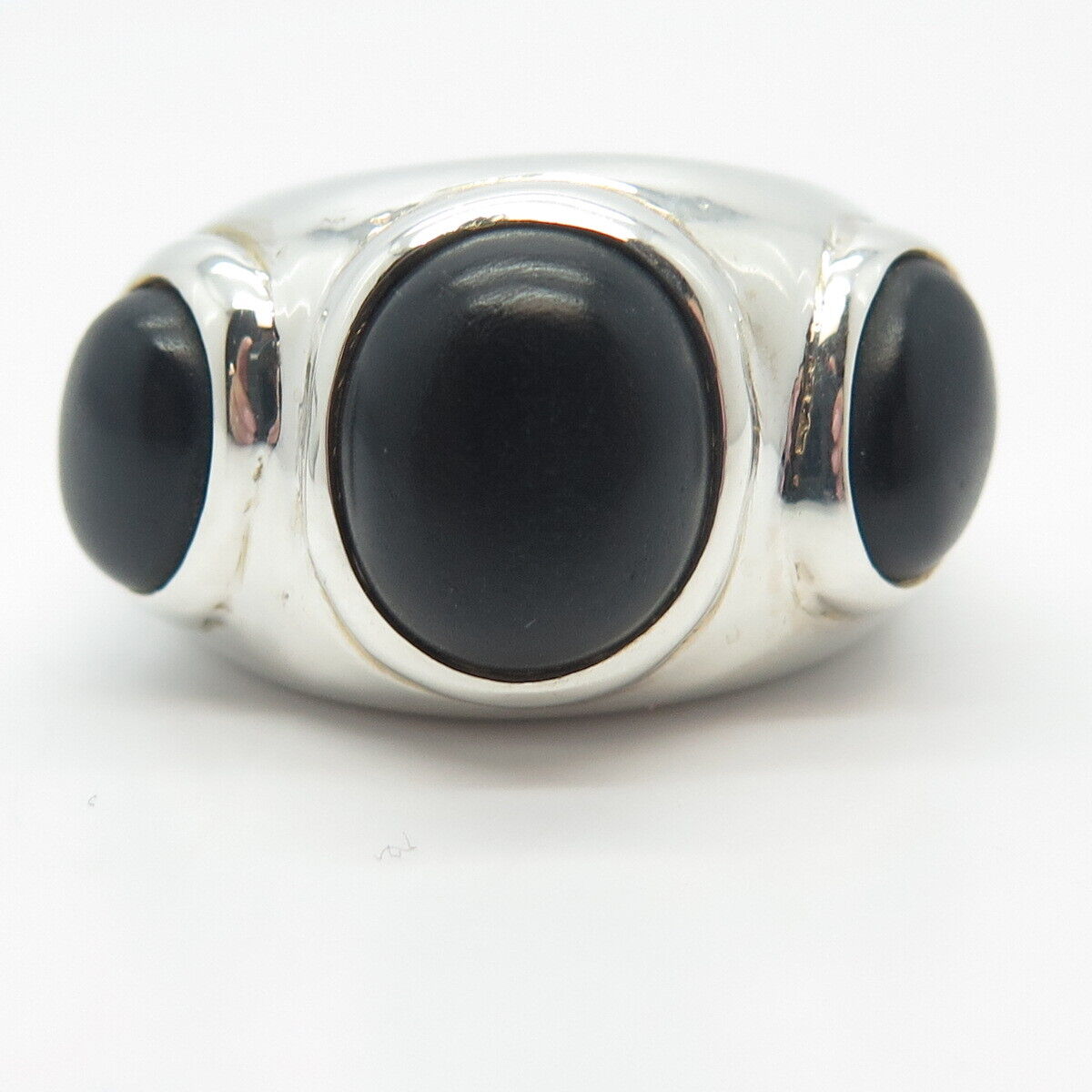 925 Sterling Silver 2-Tone Vintage Black Onyx Gem 3-Stone Wide Ring Size 6.75