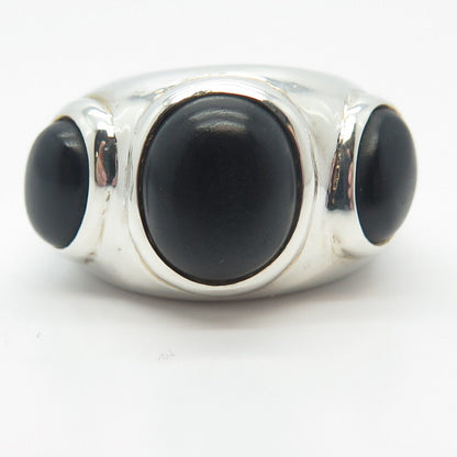 925 Sterling Silver 2-Tone Vintage Black Onyx Gem 3-Stone Wide Ring Size 6.75