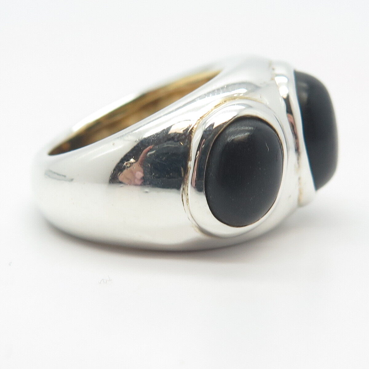 925 Sterling Silver 2-Tone Vintage Black Onyx Gem 3-Stone Wide Ring Size 6.75