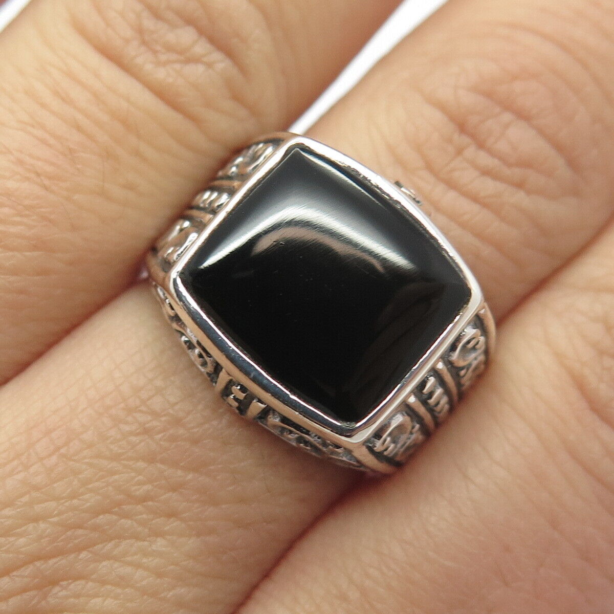 925 Sterling Silver Vintage FAS Real Black Onyx Gem Square Signet Ring Size 8